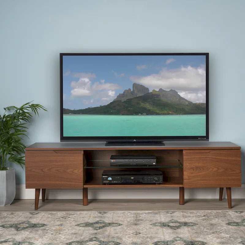 Meuble TV Noyer Mid-Century avec 2 Casiers et Étagère en Verre Trempé — 1 place