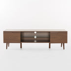 Meuble TV Noyer Mid-Century avec 2 Casiers et Étagère en Verre Trempé — 1 place