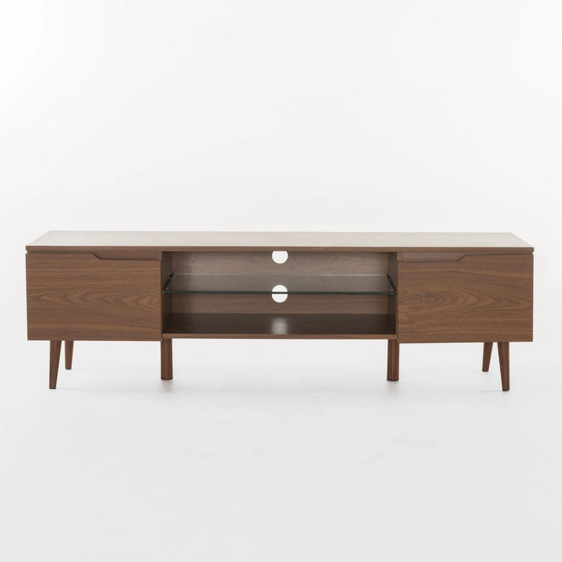 Meuble TV Noyer Mid-Century avec 2 Casiers et Étagère en Verre Trempé — 1 place