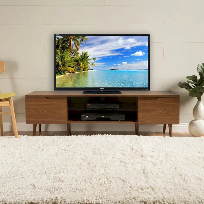 Meuble TV Noyer Mid-Century avec 2 Casiers et Étagère en Verre Trempé — 1 place