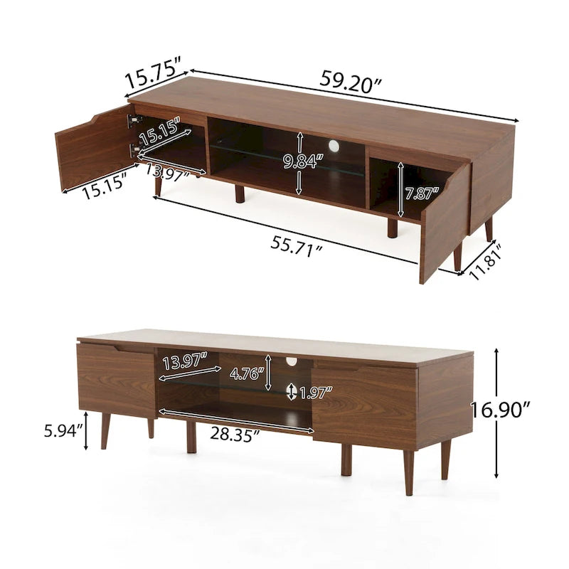 Meuble TV Noyer Mid-Century avec 2 Casiers et Étagère en Verre Trempé — 1 place
