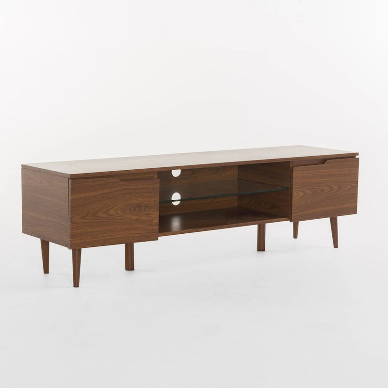Meuble TV Noyer Mid-Century avec 2 Casiers et Étagère en Verre Trempé — 1 place