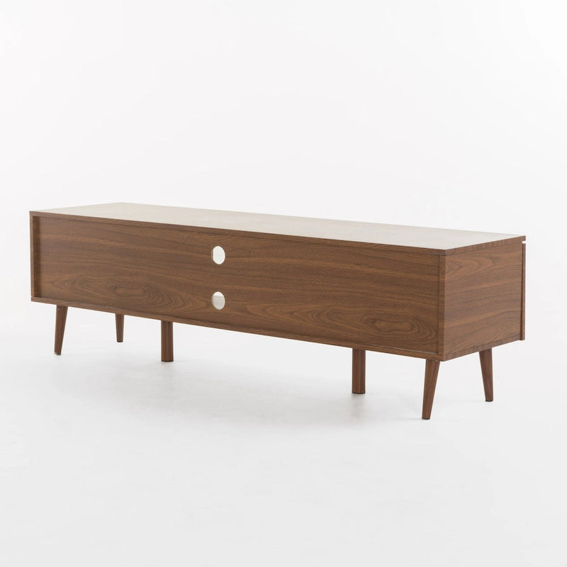 Meuble TV Noyer Mid-Century avec 2 Casiers et Étagère en Verre Trempé — 1 place