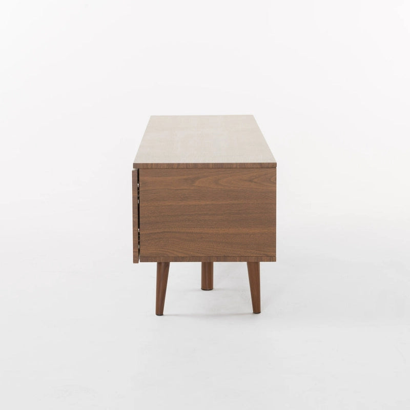 Meuble TV Noyer Mid-Century avec 2 Casiers et Étagère en Verre Trempé — 1 place