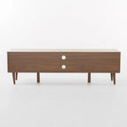 Meuble TV Noyer Mid-Century avec 2 Casiers et Étagère en Verre Trempé — 1 place