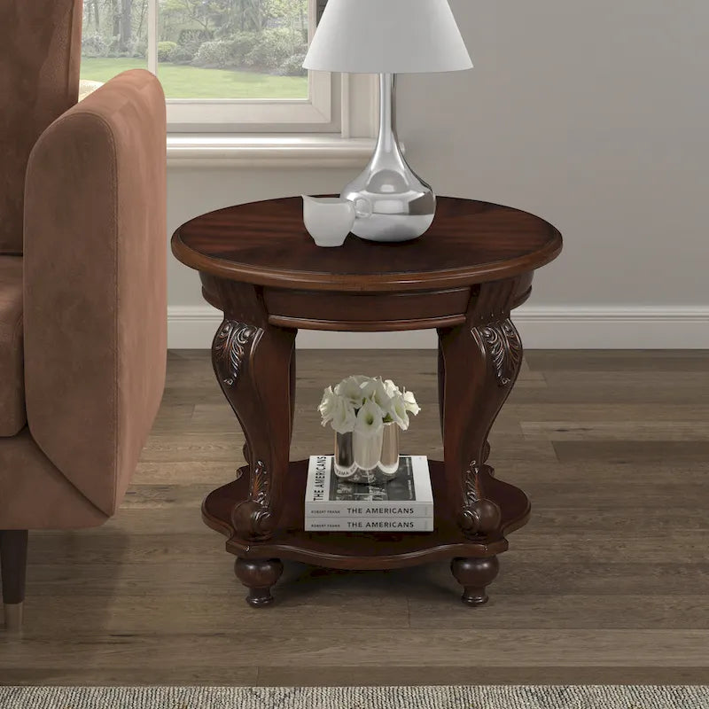 22 Retro Round End Table,Solid Wood Sofa Side Table with Shelf,Living Room Corner Table Easy Assemble