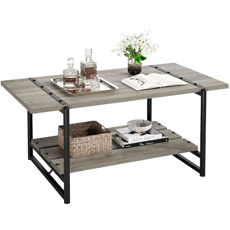 41 Grande table basse industrielle à 2 niveaux en bois avec étagère de rangement