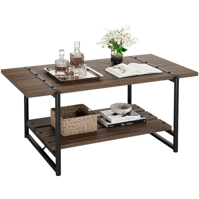 41 Grande table basse industrielle à 2 niveaux en bois avec étagère de rangement