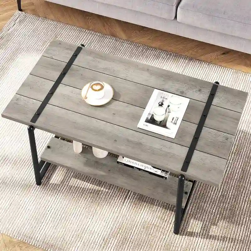 41 Grande table basse industrielle à 2 niveaux en bois avec étagère de rangement
