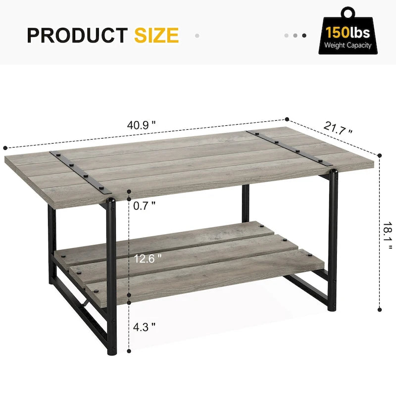 41 Grande table basse industrielle à 2 niveaux en bois avec étagère de rangement