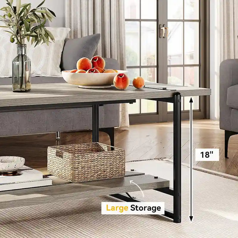41 Grande table basse industrielle à 2 niveaux en bois avec étagère de rangement