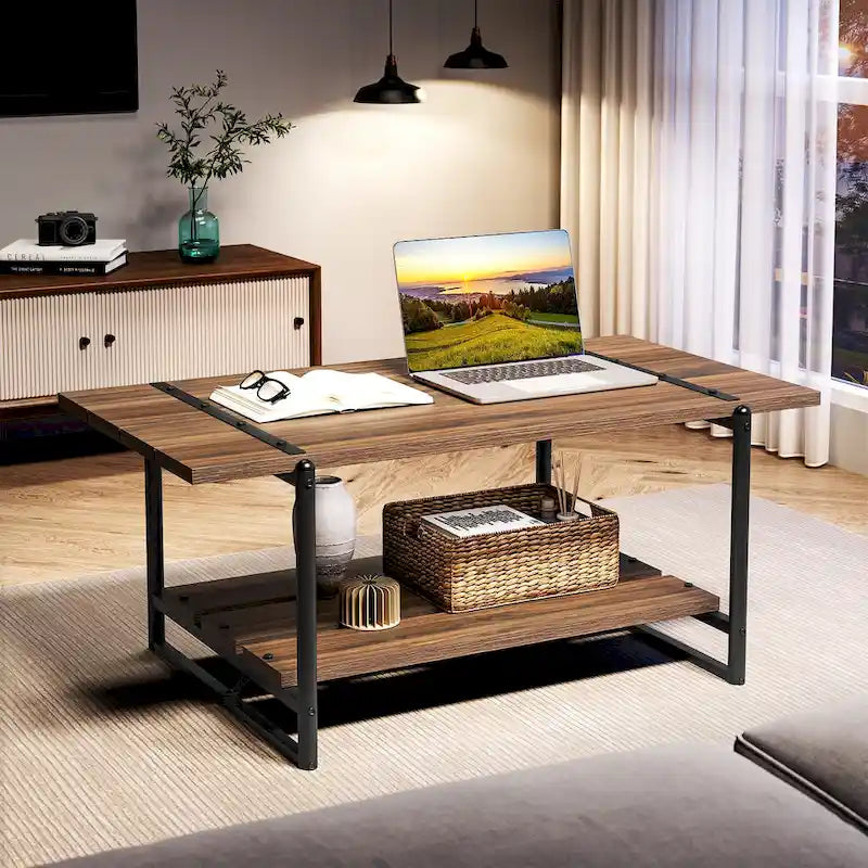 41 Grande table basse industrielle à 2 niveaux en bois avec étagère de rangement