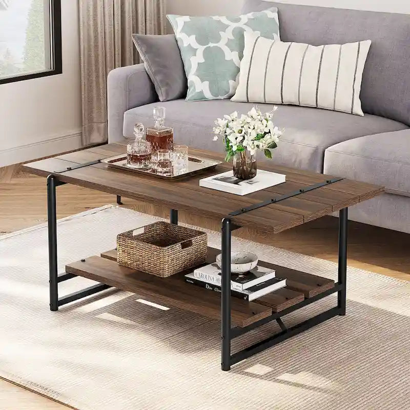41 Grande table basse industrielle à 2 niveaux en bois avec étagère de rangement