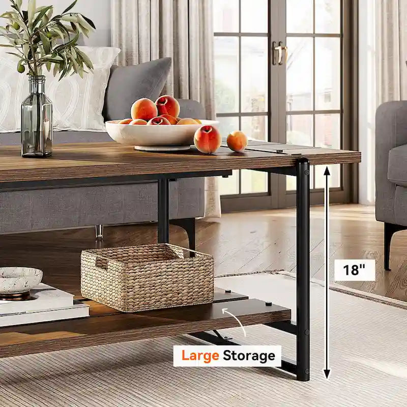 41 Grande table basse industrielle à 2 niveaux en bois avec étagère de rangement
