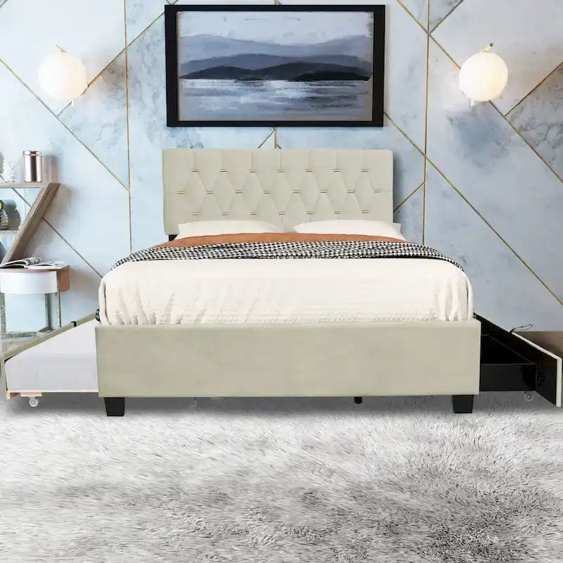 Lit plateforme grand lit, Beige/Gris, Tête de lit capitonnée, Rangement et Lit gigogne, 2 couchages