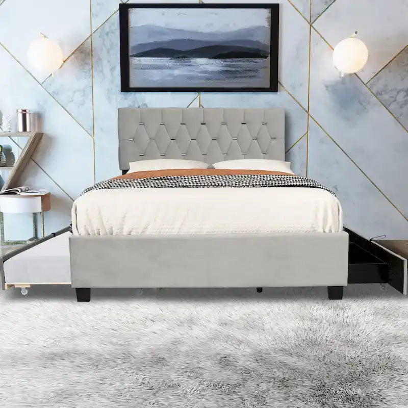 Lit plateforme grand lit, Beige/Gris, Tête de lit capitonnée, Rangement et Lit gigogne, 2 couchages