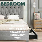 Lit plateforme grand lit, Beige/Gris, Tête de lit capitonnée, Rangement et Lit gigogne, 2 couchages