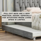 Lit plateforme grand lit, Beige/Gris, Tête de lit capitonnée, Rangement et Lit gigogne, 2 couchages