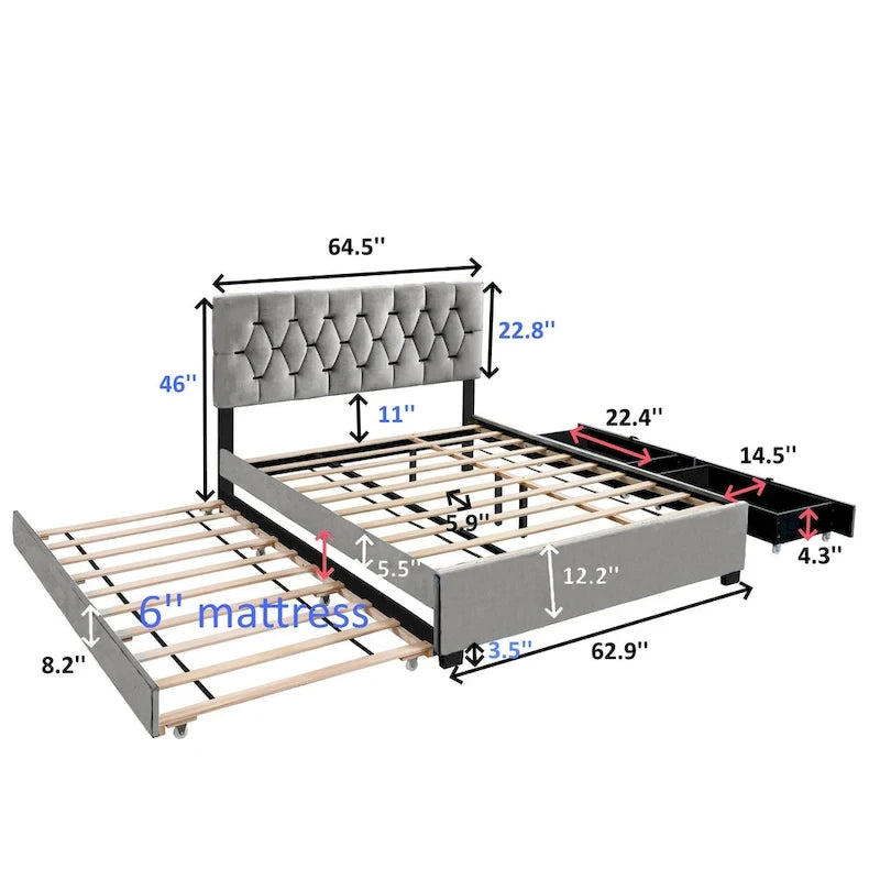 Lit plateforme grand lit, Beige/Gris, Tête de lit capitonnée, Rangement et Lit gigogne, 2 couchages