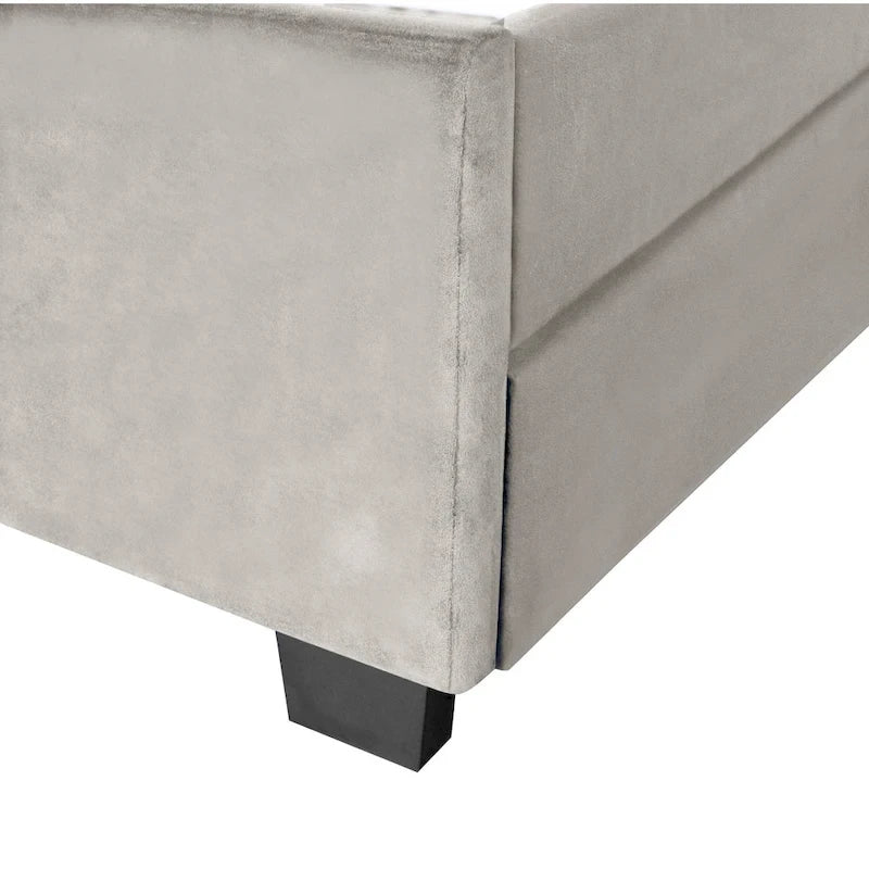 Lit plateforme grand lit, Beige/Gris, Tête de lit capitonnée, Rangement et Lit gigogne, 2 couchages
