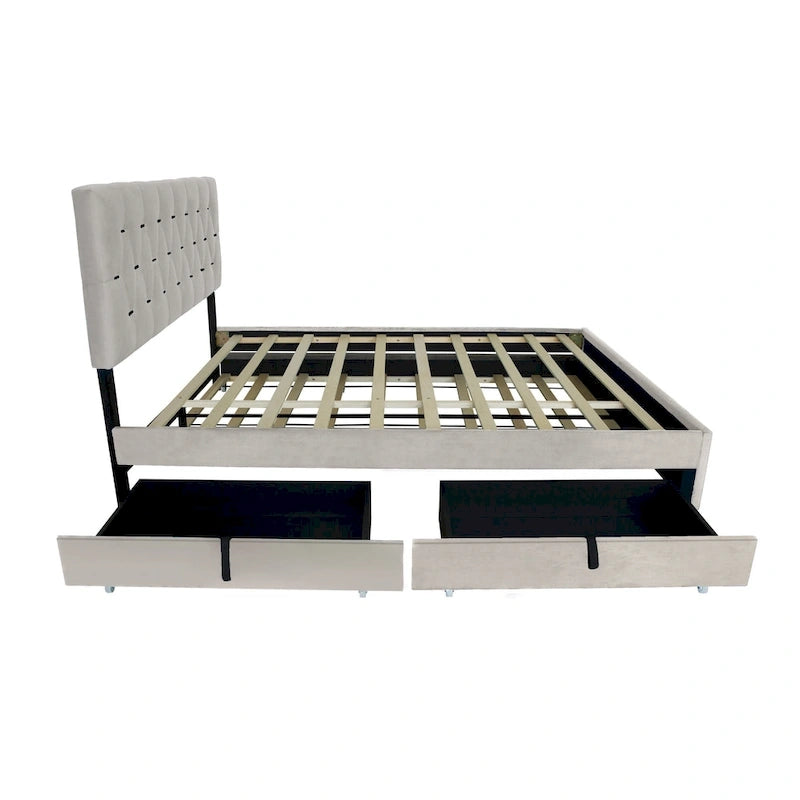 Lit plateforme grand lit, Beige/Gris, Tête de lit capitonnée, Rangement et Lit gigogne, 2 couchages