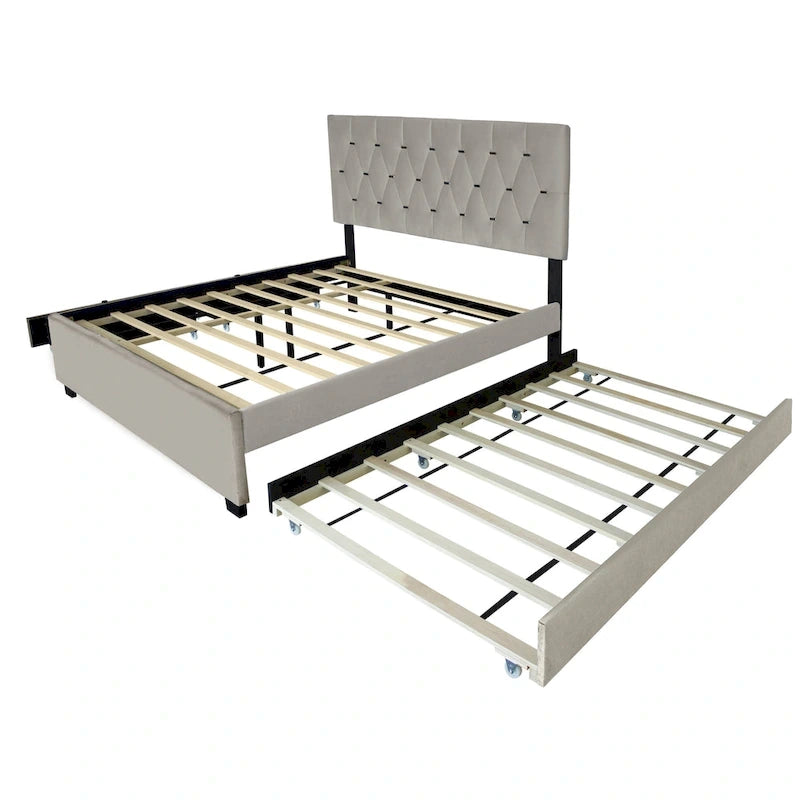 Lit plateforme grand lit, Beige/Gris, Tête de lit capitonnée, Rangement et Lit gigogne, 2 couchages