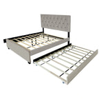 Lit plateforme grand lit, Beige/Gris, Tête de lit capitonnée, Rangement et Lit gigogne, 2 couchages