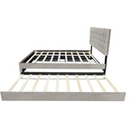 Lit plateforme grand lit, Beige/Gris, Tête de lit capitonnée, Rangement et Lit gigogne, 2 couchages