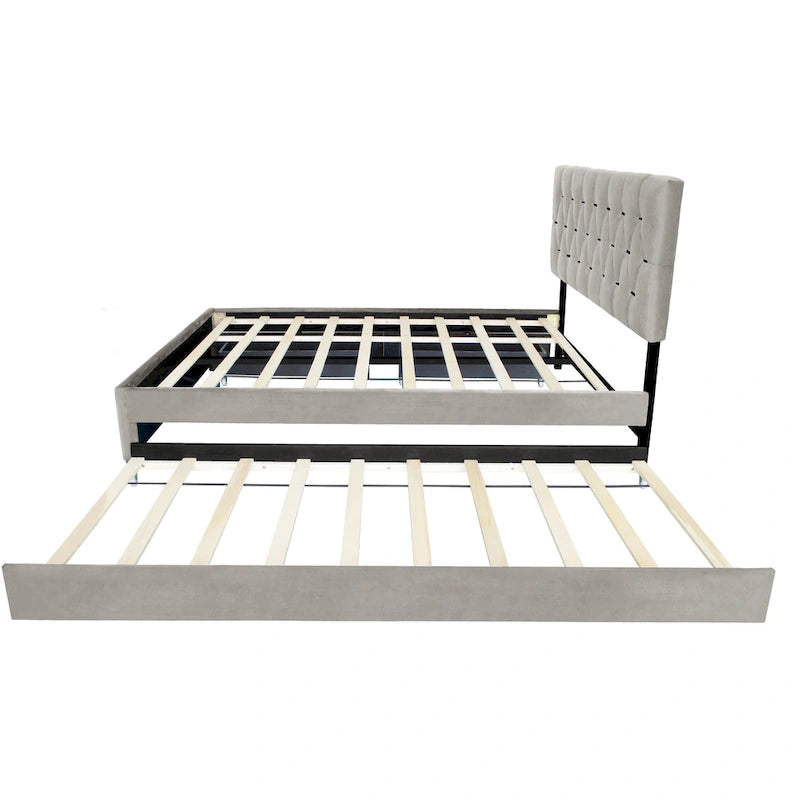 Lit plateforme grand lit, Beige/Gris, Tête de lit capitonnée, Rangement et Lit gigogne, 2 couchages
