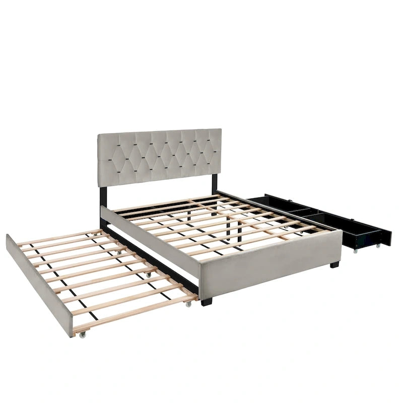 Lit plateforme grand lit, Beige/Gris, Tête de lit capitonnée, Rangement et Lit gigogne, 2 couchages