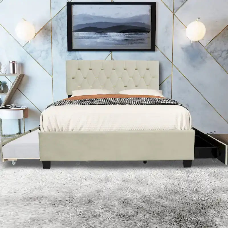 Lit plateforme grand lit, Beige/Gris, Tête de lit capitonnée, Rangement et Lit gigogne, 2 couchages