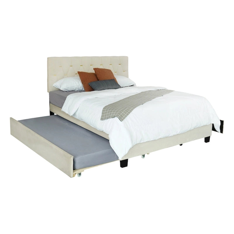 Lit plateforme grand lit, Beige/Gris, Tête de lit capitonnée, Rangement et Lit gigogne, 2 couchages