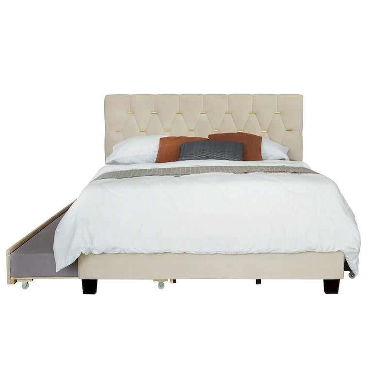 Lit plateforme grand lit, Beige/Gris, Tête de lit capitonnée, Rangement et Lit gigogne, 2 couchages
