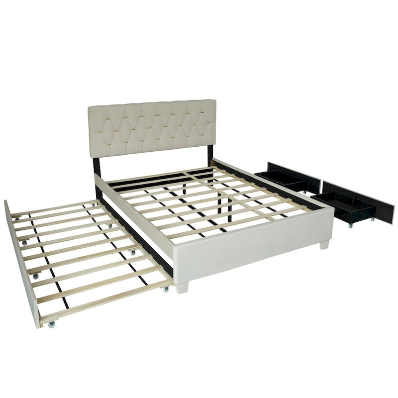 Lit plateforme grand lit, Beige/Gris, Tête de lit capitonnée, Rangement et Lit gigogne, 2 couchages