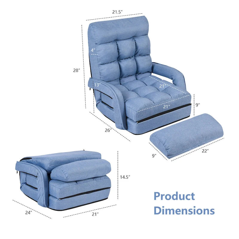 Chaise longue de sol pliante bleue, réglable sur 6 angles, 1 personne