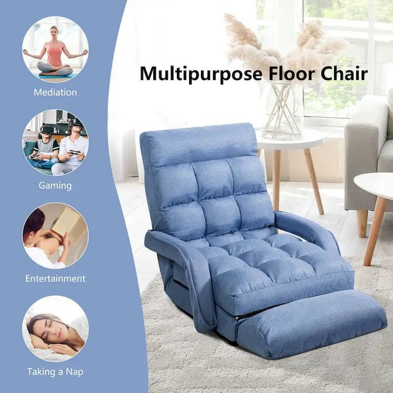 Chaise longue de sol pliante bleue, réglable sur 6 angles, 1 personne