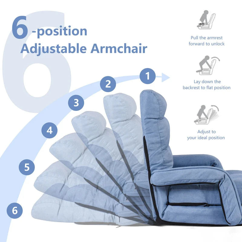 Chaise longue de sol pliante bleue, réglable sur 6 angles, 1 personne