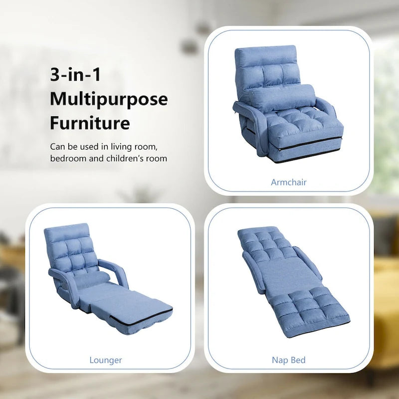 Chaise longue de sol pliante bleue, réglable sur 6 angles, 1 personne