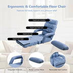 Chaise longue de sol pliante bleue, réglable sur 6 angles, 1 personne