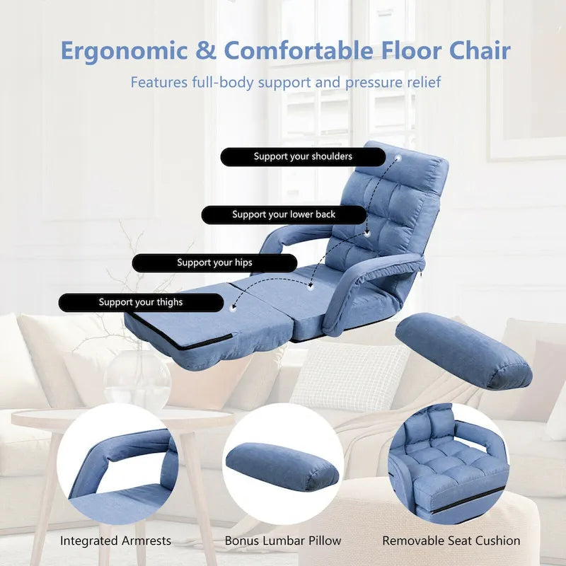 Chaise longue de sol pliante bleue, réglable sur 6 angles, 1 personne