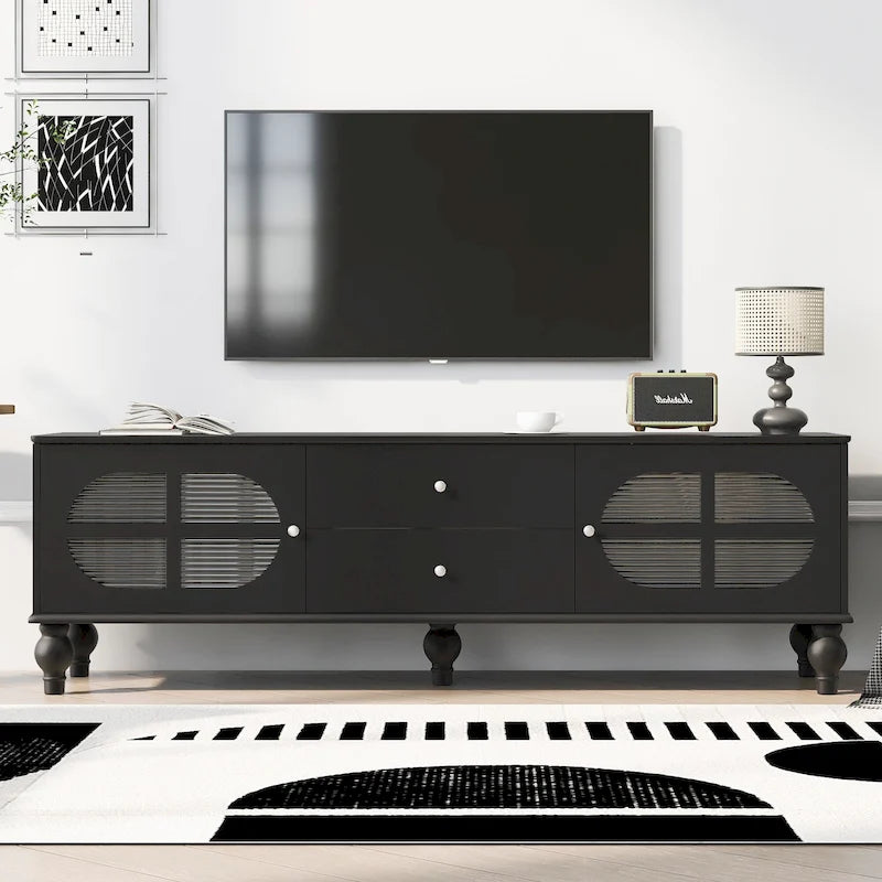 Meuble TV moderne noir — 2 armoires, 2 tiroirs, gestion des câbles