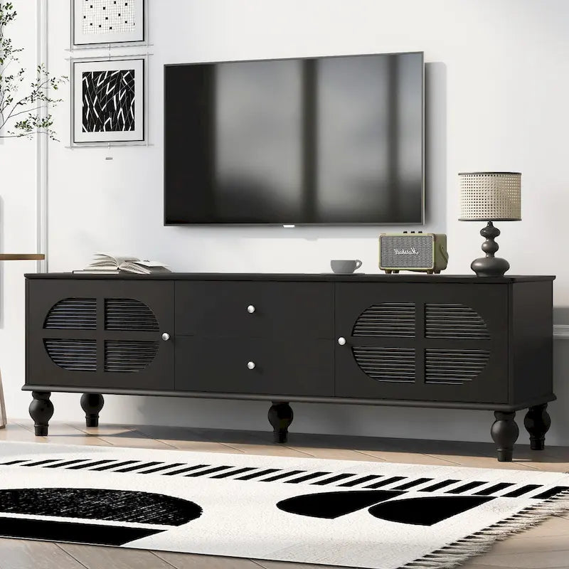 Meuble TV moderne noir — 2 armoires, 2 tiroirs, gestion des câbles