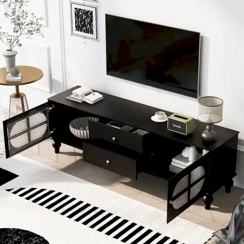 Meuble TV moderne noir — 2 armoires, 2 tiroirs, gestion des câbles