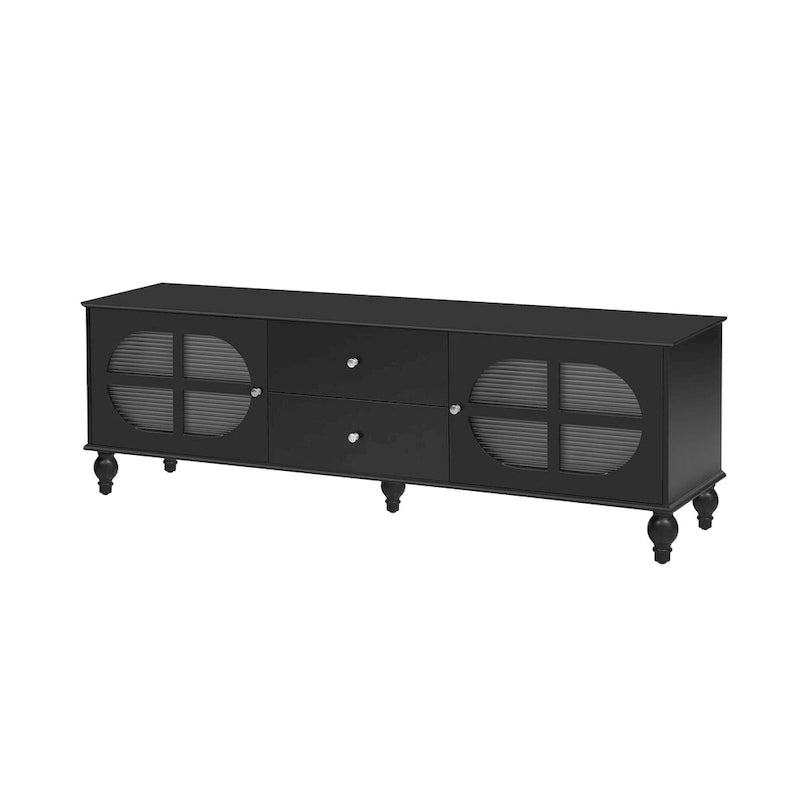 Meuble TV moderne noir — 2 armoires, 2 tiroirs, gestion des câbles