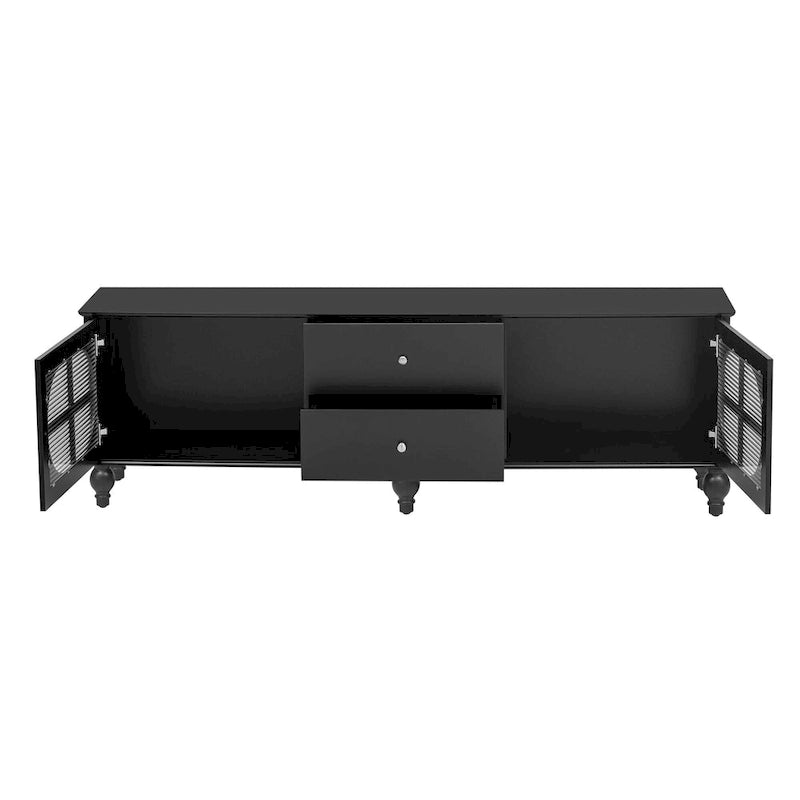 Meuble TV moderne noir — 2 armoires, 2 tiroirs, gestion des câbles