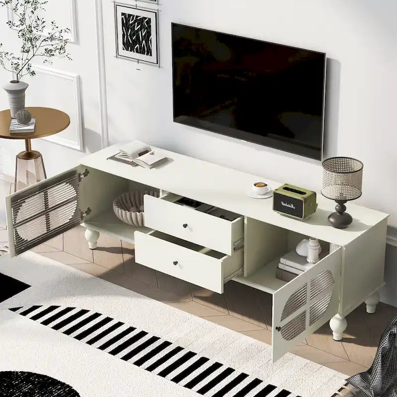 Meuble TV moderne noir — 2 armoires, 2 tiroirs, gestion des câbles
