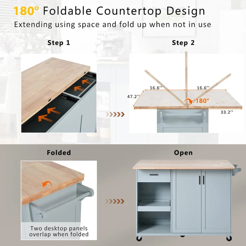 Îlot de cuisine avec plan de travail pliable, desserte de rangement de cuisine avec étagère coulissante, porte-serviettes et tiroir, roulettes.