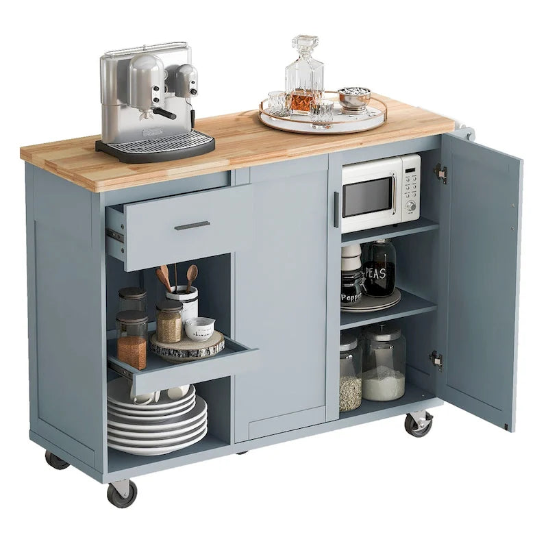 Îlot de cuisine avec plan de travail pliable, desserte de rangement de cuisine avec étagère coulissante, porte-serviettes et tiroir, roulettes.
