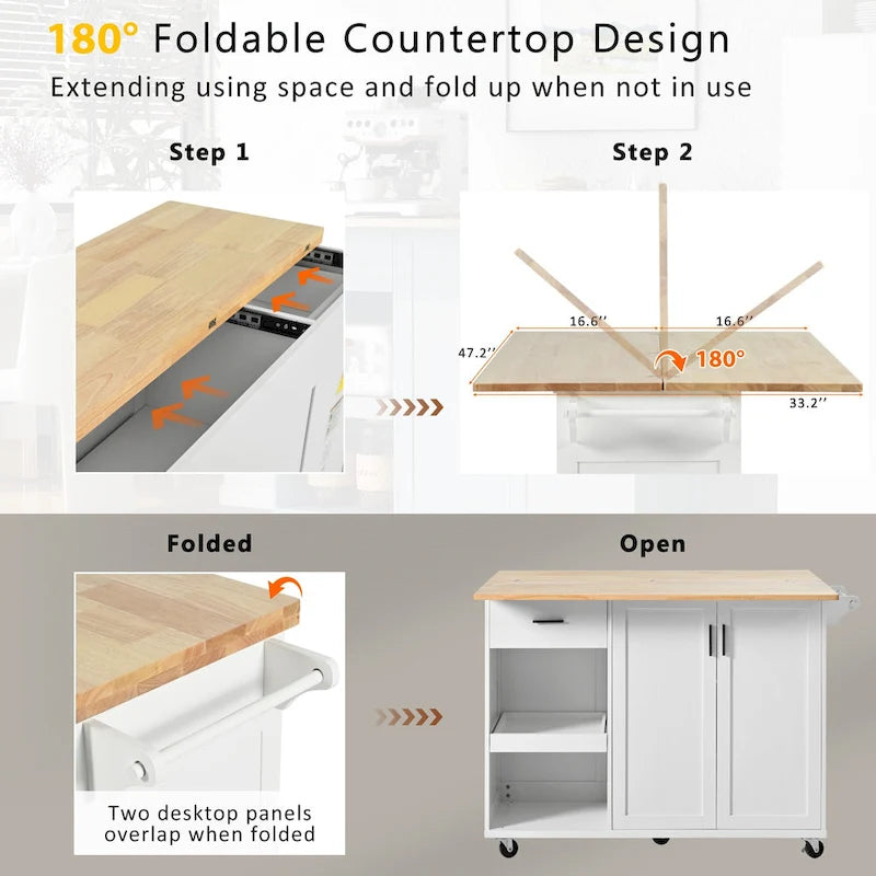 Îlot de cuisine avec plan de travail pliable, desserte de rangement de cuisine avec étagère coulissante, porte-serviettes et tiroir, roulettes.