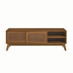 Meuble TV vintage en rotin avec 2 placards de rangement et 4 pieds en bois pour salon, chambre et bureau